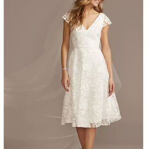 DB Studio V-neck Embroidered Lace Cap Sleeve A-Line Dress Soft White 12